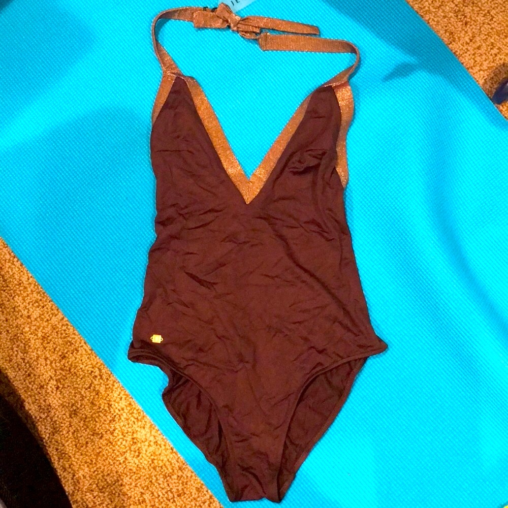 New Jette Joop France S daring swimsuit metallic bronze plunging V neck maillot